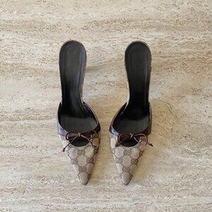 Vintage Gucci GG Canvas and Leather Bow Mule Heels